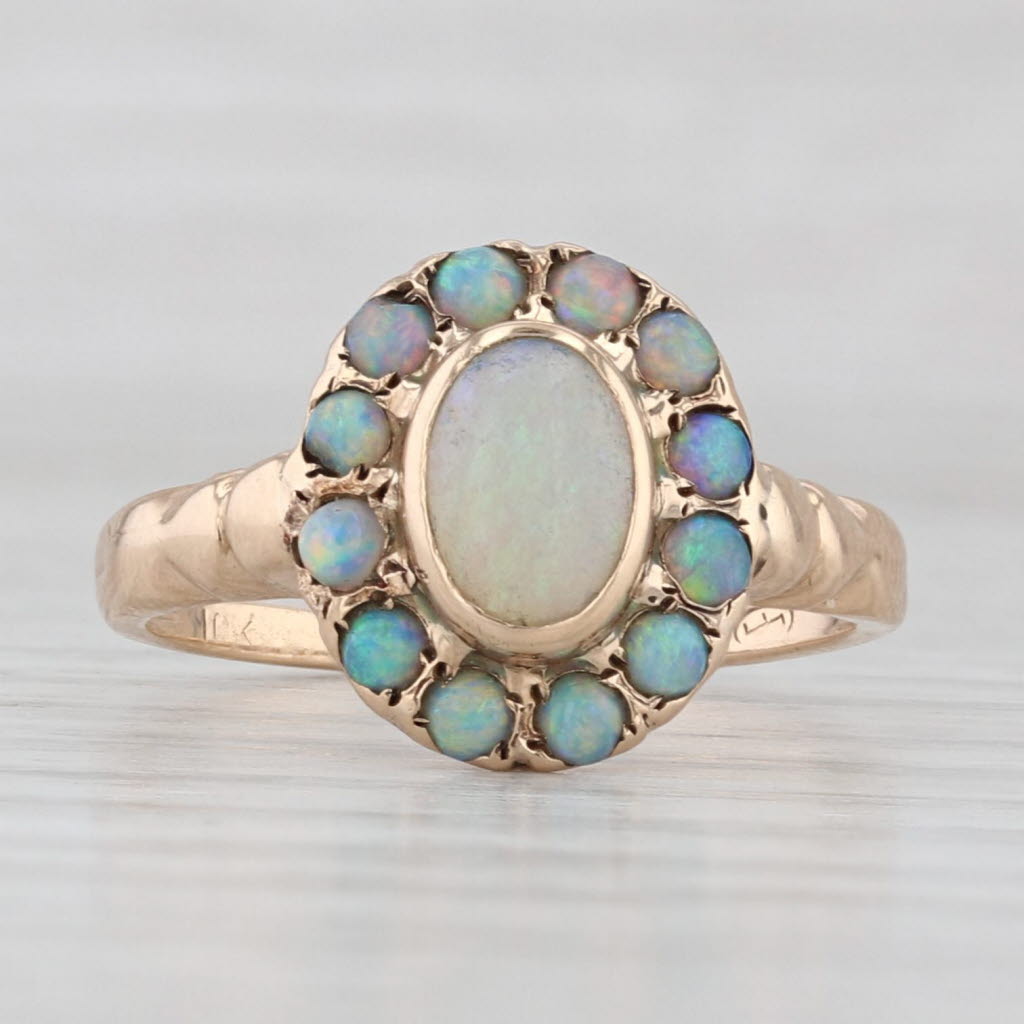 Light Gray Antique Opal Cabochon Halo Ring 10k Yellow Gold Size 6