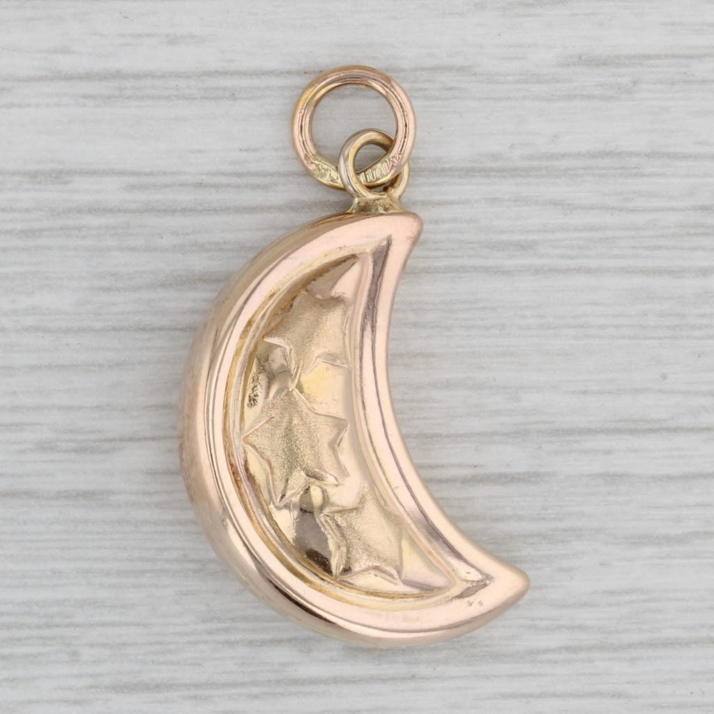 Gray Crescent Moon & Stars Pendant 14k Yellow Gold Charm