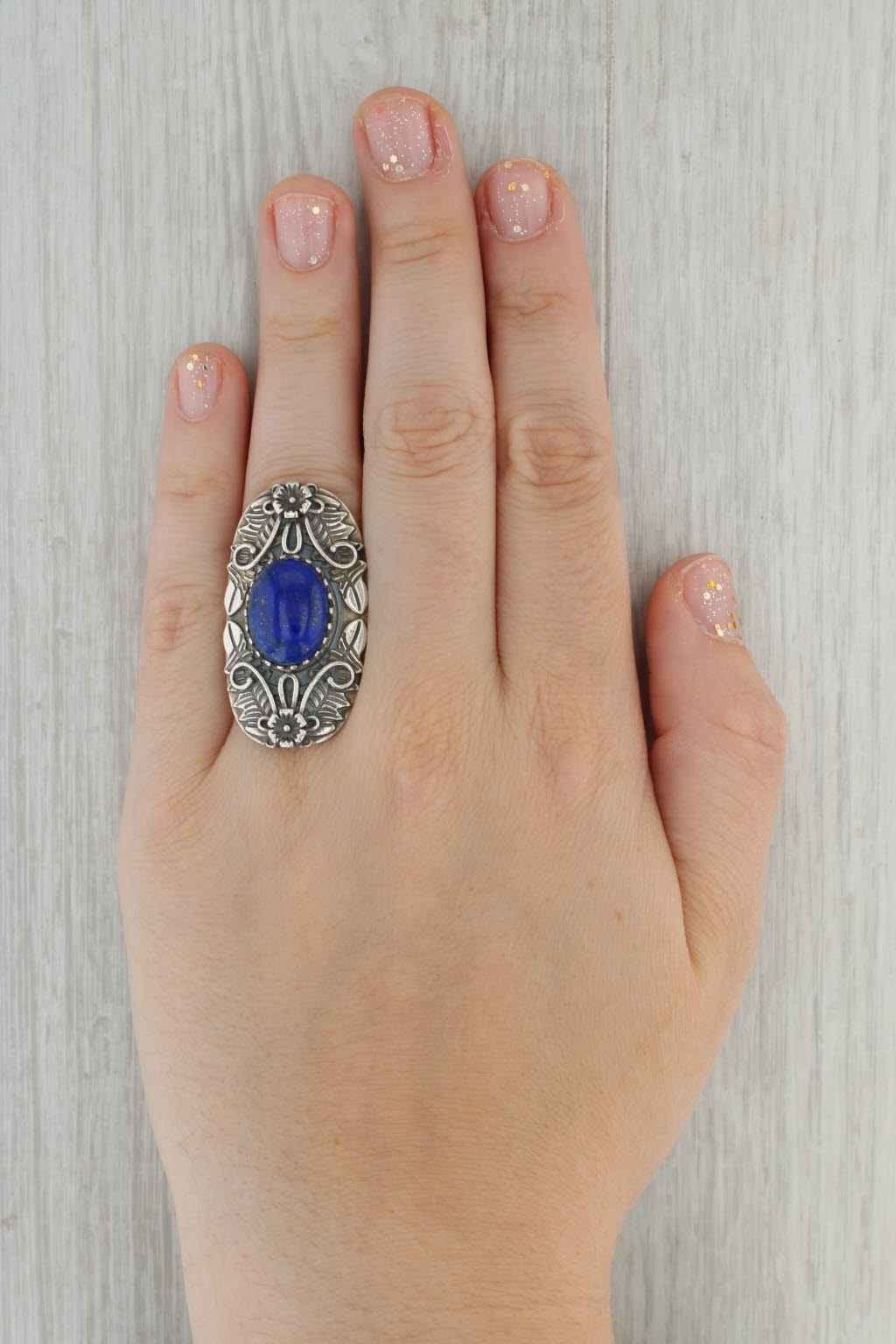 Dark Gray Southwestern Lapis Lazuli Floral Statement Ring Sterling Silver Sz 8.25 Vintage