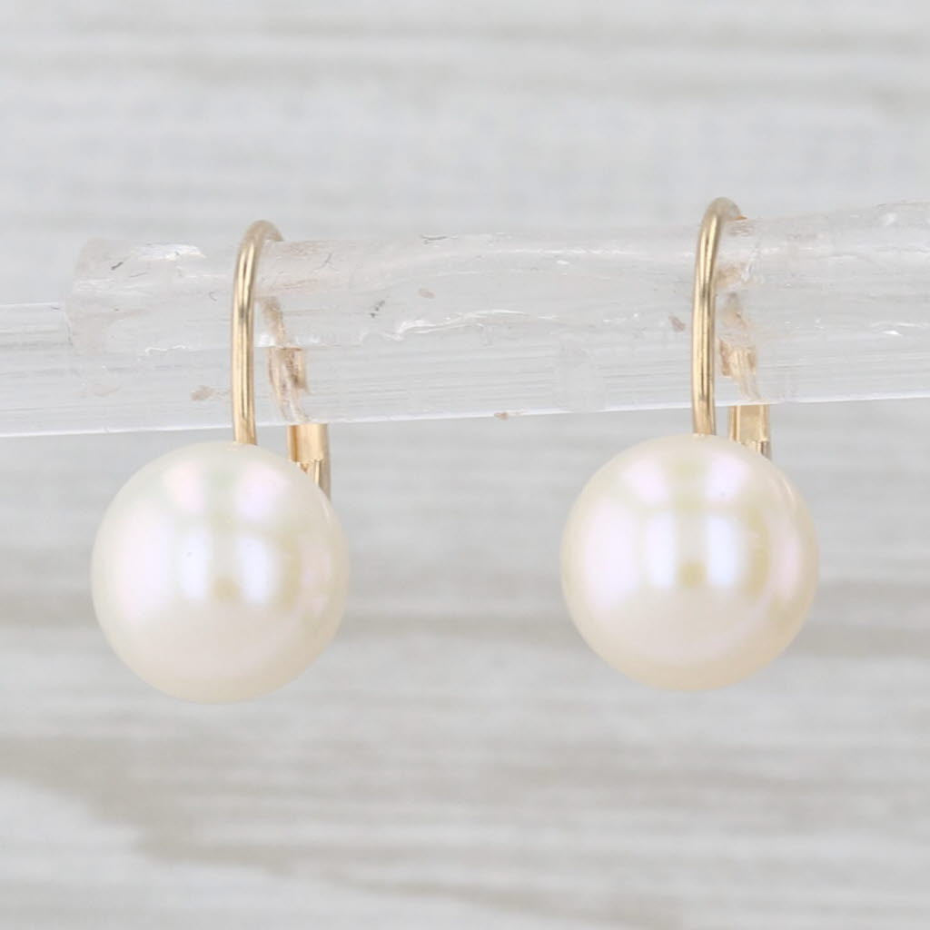 Cultured Pearl Button Drop Earrings 14k Yellow Gold Lever Backs