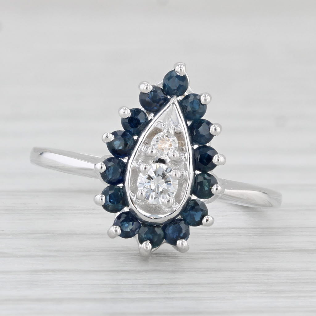 Light Gray 0.62ctw Diamond Blue Sapphire Halo Teardrop Ring 14k Gold Size 6.75 Engagement