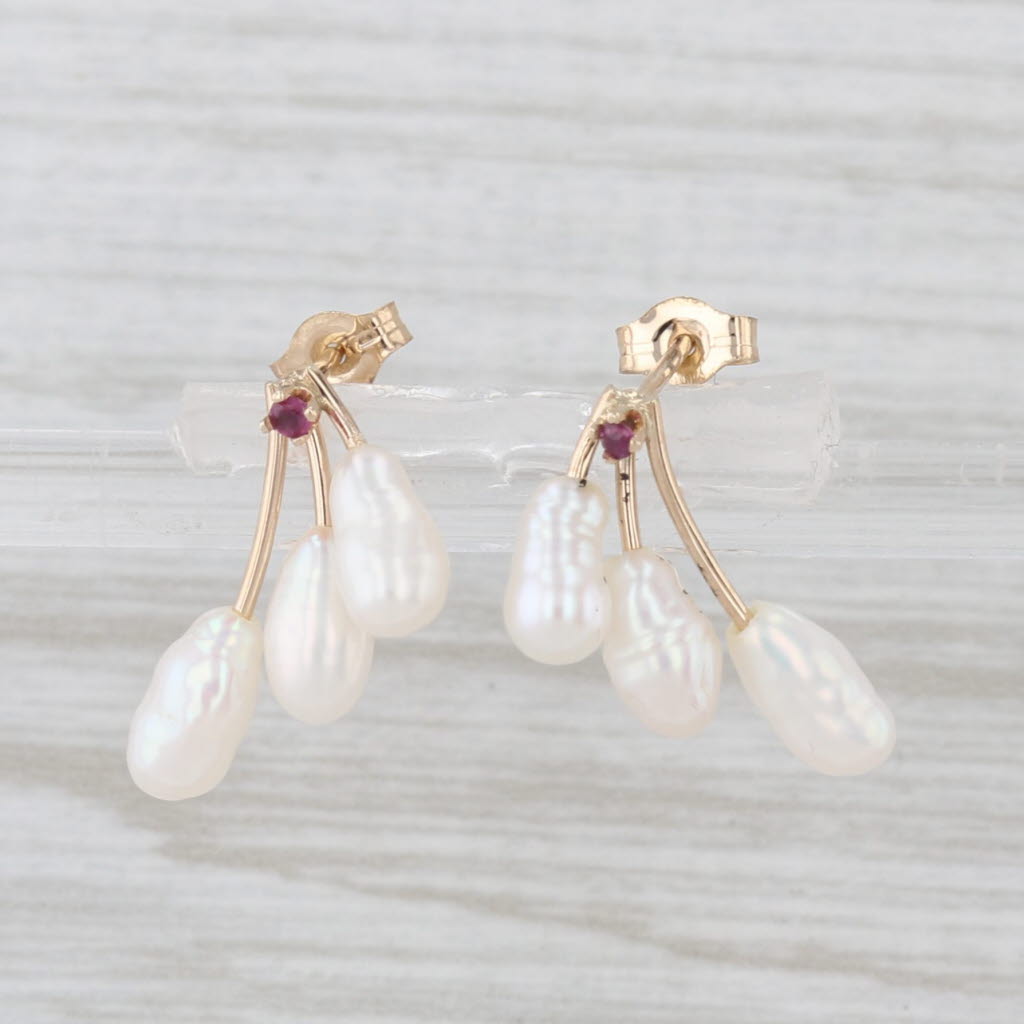 Freshwater Cultured Pearl Spray Ruby Earrings 14k Yellow Gold