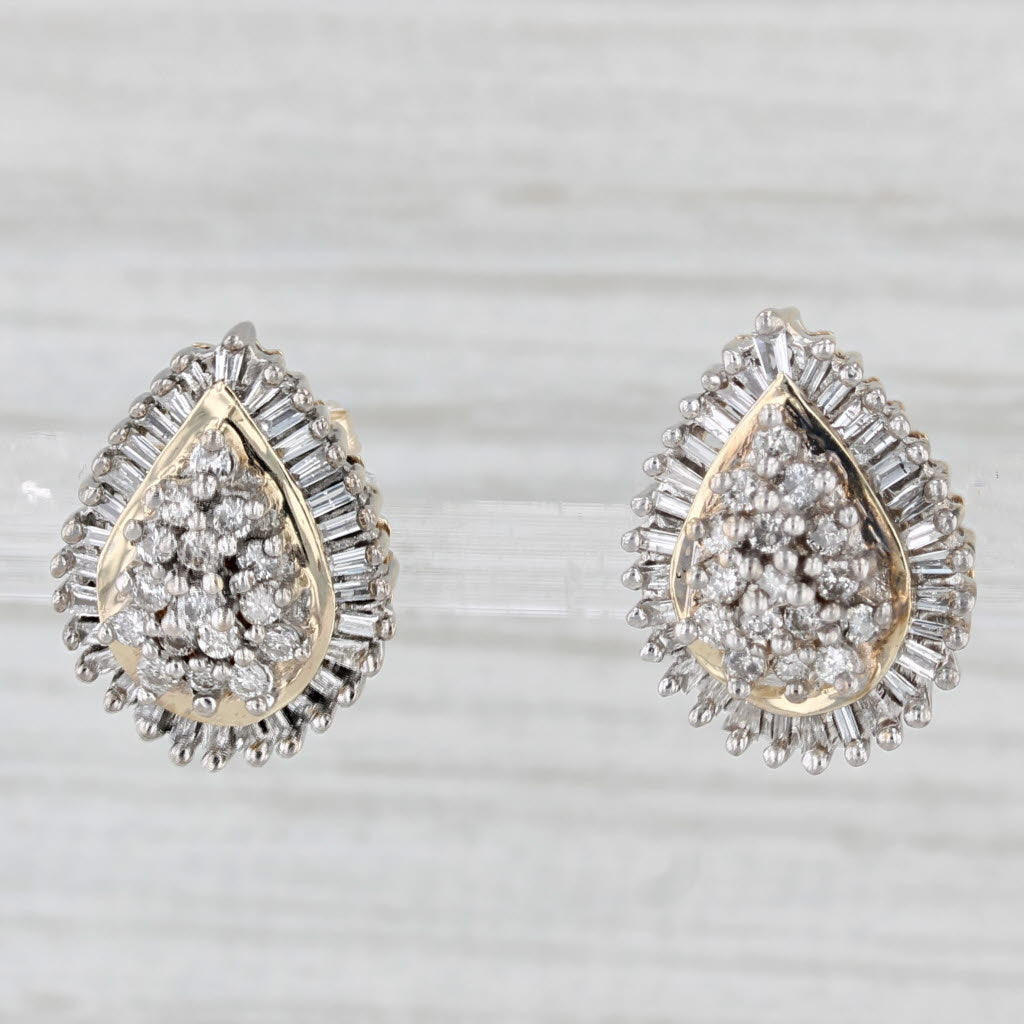 Light Gray 0.97ctw Diamond Cluster Teardrop Stud Earrings 10k Yellow Gold