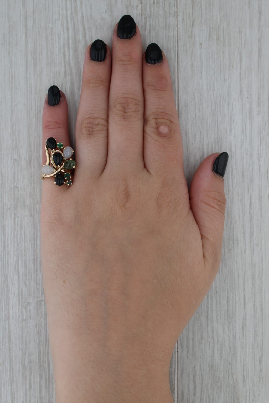 Jade Emerald Onyx Cabochon Cocktail Ring 14k Yellow Gold Size 4