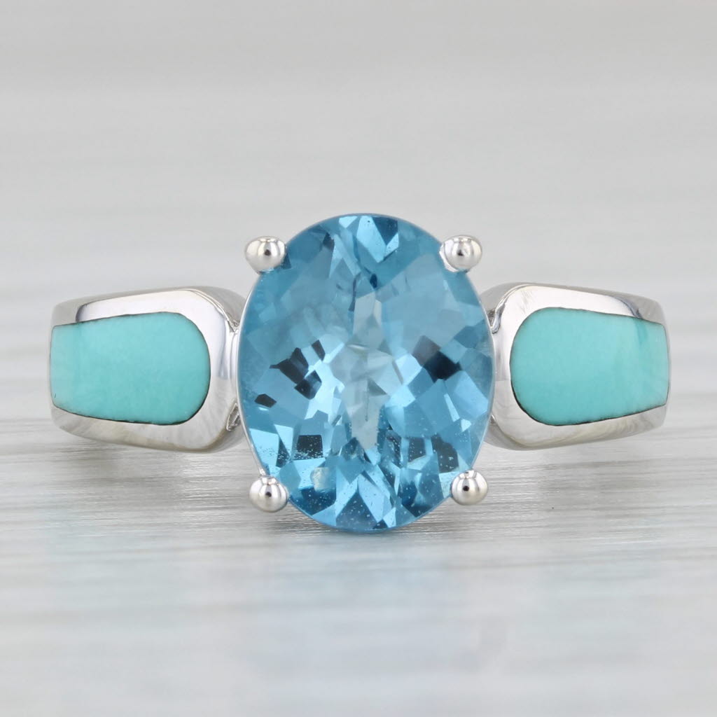 Light Gray 3.10ct Oval Blue Topaz Enamel Ring 10k White Gold Size 6