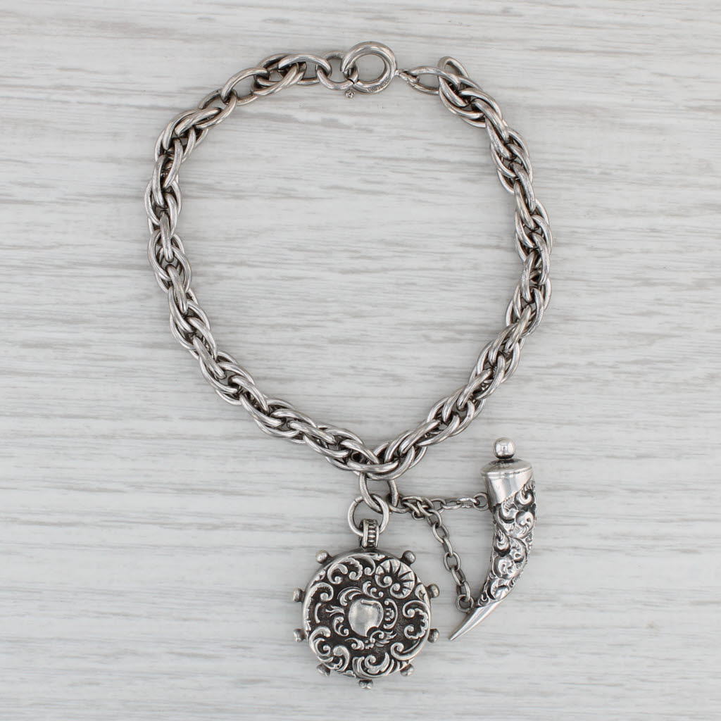 Gray Vintage Compass Italian Horn Charm Bracelet Sterling Silver 7.25 Rope Chain