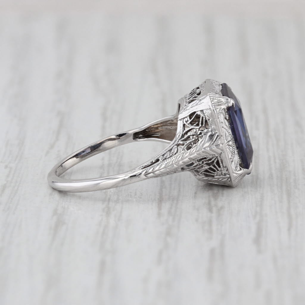 Art Deco 3.90ct lab Created Color Change Sapphire Solitaire Ring 18k White Gold