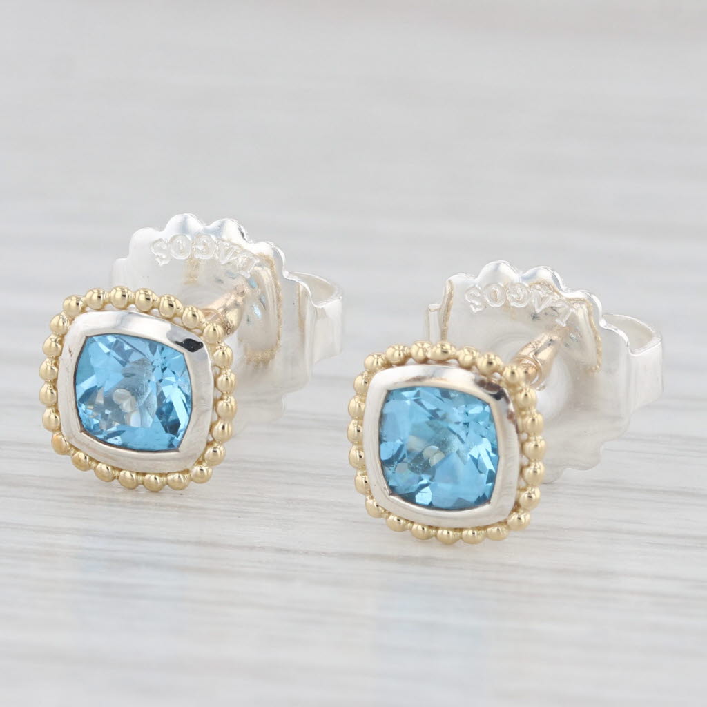 Light Gray New Lagos Caviar Rittenhouse Blue Topaz Stud Earrings Sterling Silver 18k Gold