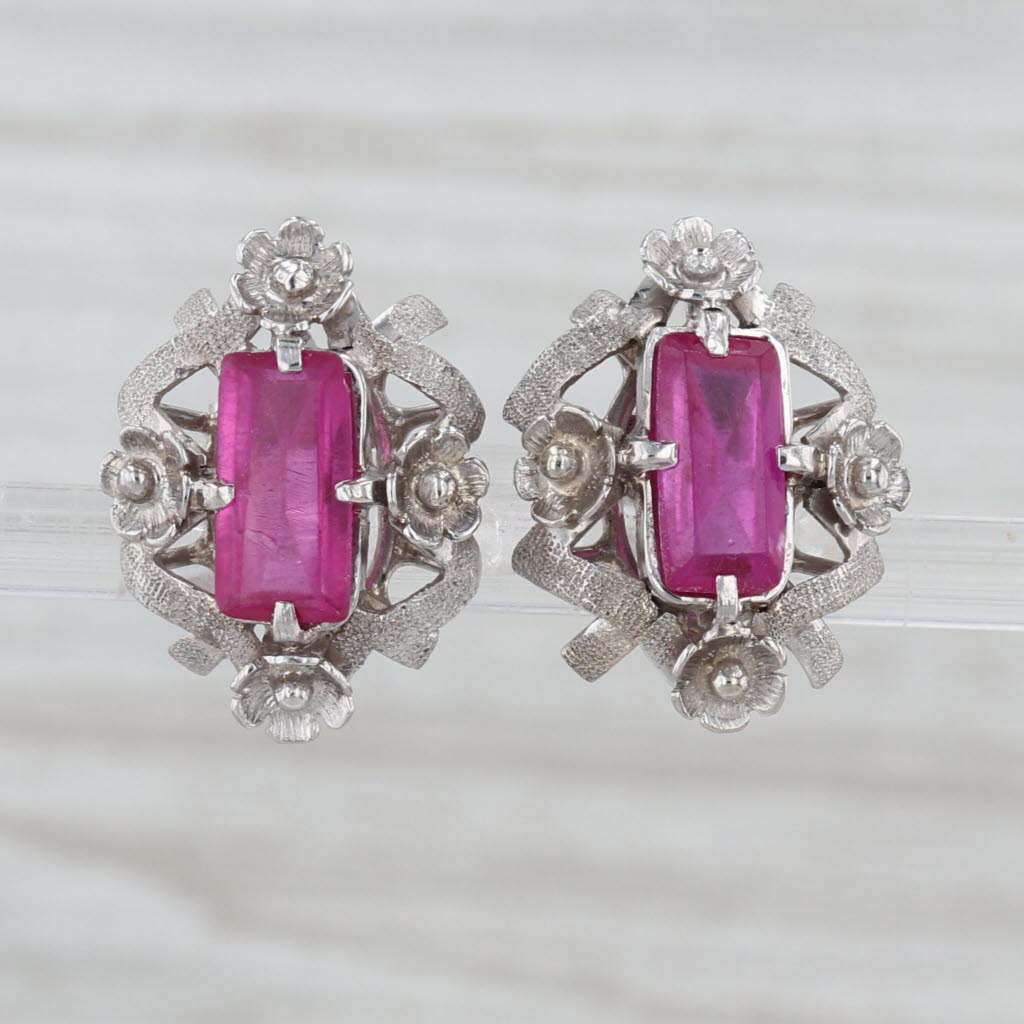Vintage Lab Created Ruby Flower Accented Stud Earrings 10k White Gold