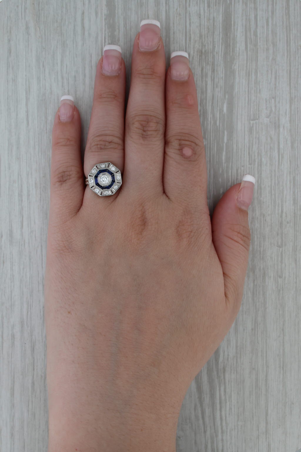 Art Deco 0.96ctw Diamond Lab Created Sapphire Halo Ring 14k Gold Platinum Sz 5.5