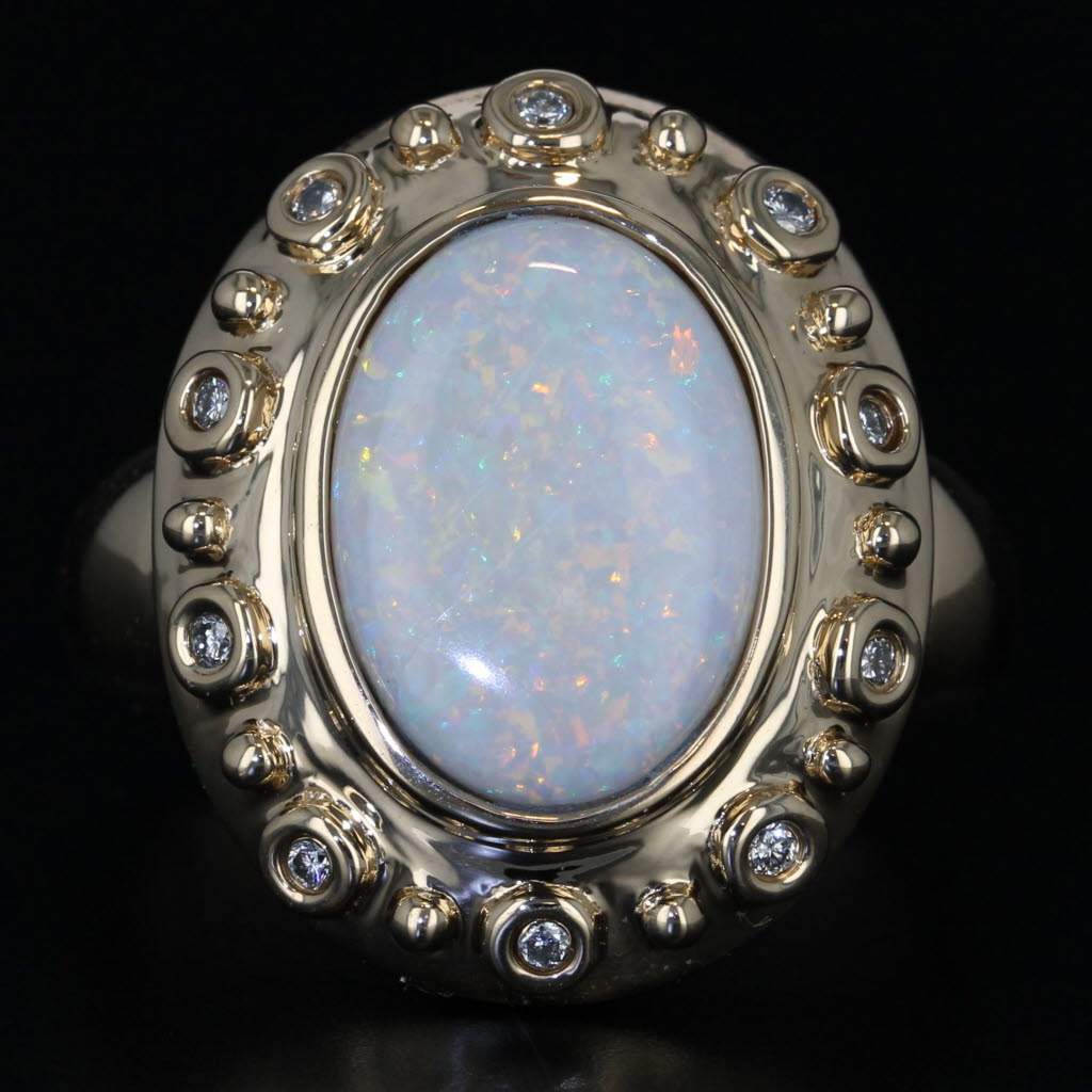 Black Opal Oval Cabochon Diamond Ring 14k Yellow Gold Size 9