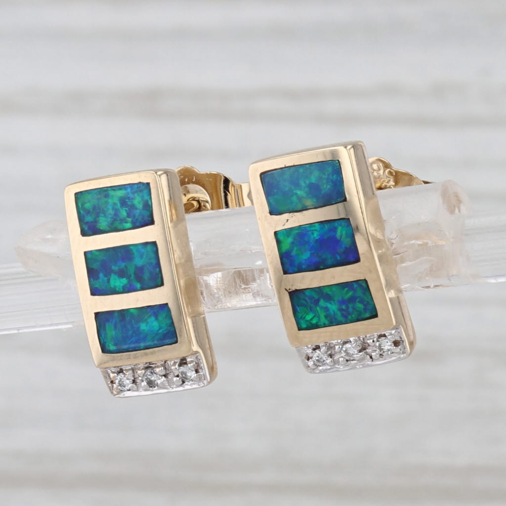 Blue Green Opal Diamond Stud Earrings 14k Yellow Gold Studs