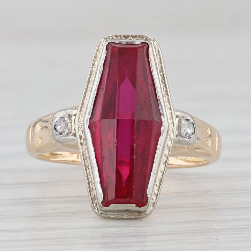 Light Gray Vintage Lab Created Ruby Diamond Ring 18k Yellow White Gold Size 5.5