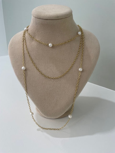 Light Slate Gray 3-Chain Cultured Pearl Lariat Necklace 14k Yellow Gold Cable Chain 17"