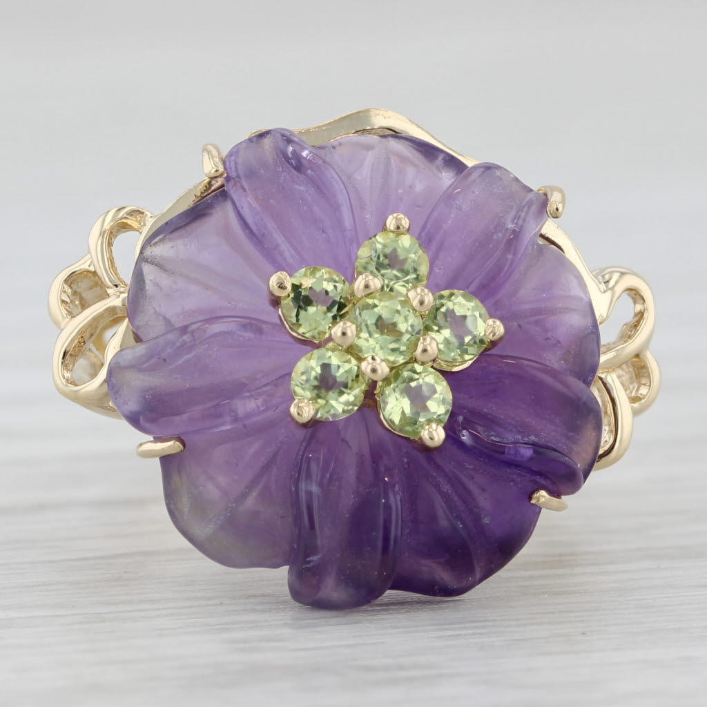 Gray Carved Amethyst Peridot Flower Ring 14k Yellow Gold Size 6.25