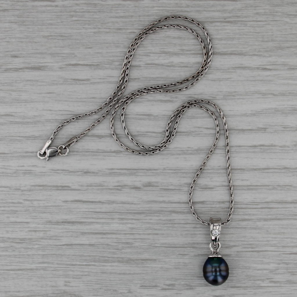 Cultured Black Pearl Diamond Pendant Necklace 14k White Gold 18" Wheat Chain