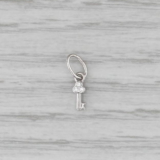 Tiny Diamond Skeleton Key Charm 14k White Gold Small Drop Pendant