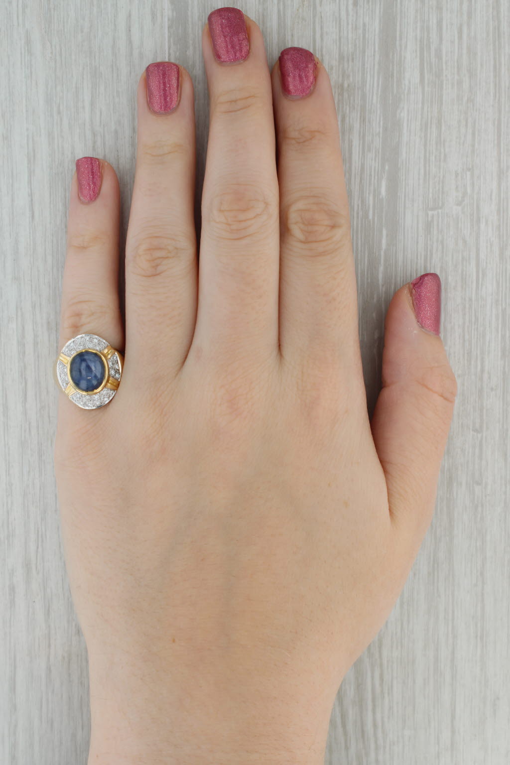 Dark Gray Oval Cabochon Blue Sapphire Diamond Halo Ring 18k Yellow Gold Size 6.75-7