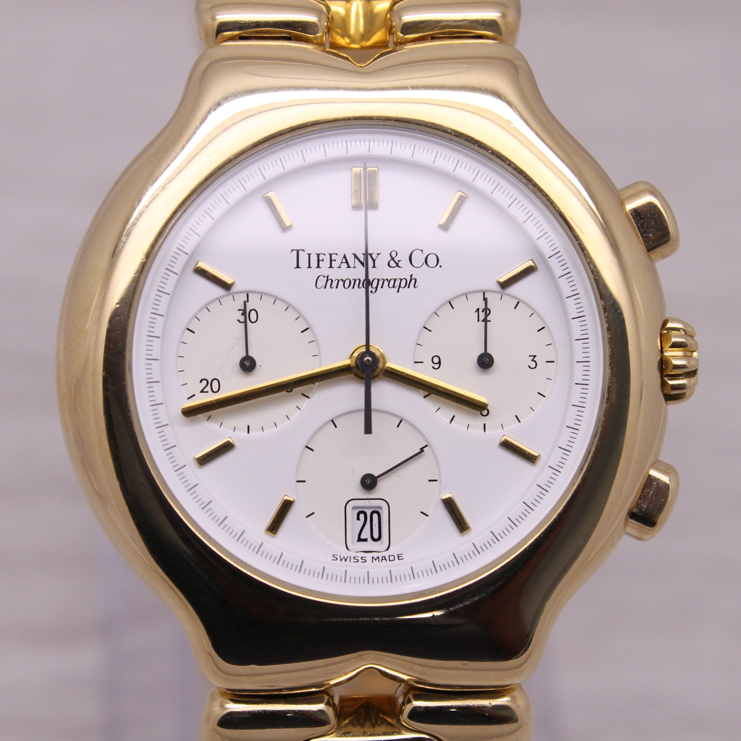 Gray Tiffany & Co Tesoro Mens 18k Yellow Gold Heavy Quartz Chronograph Watch w/ Box