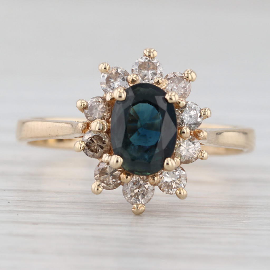Light Gray 1.20ctw Blue Sapphire Diamond Halo Ring 14k Yellow Gold Size 6.75