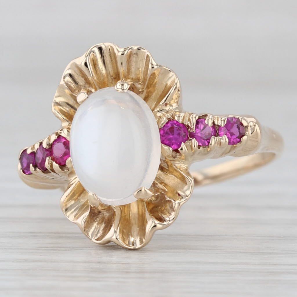 Retro Moonstone Lab Created Ruby Ring 14k Yellow Gold Size 9.75