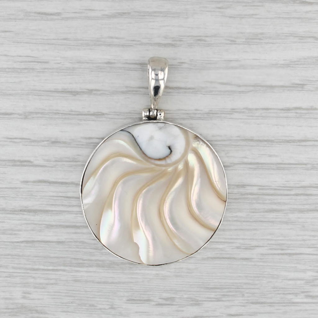 Carved Mother of Pearl & Shell Pendant Sterling Silver Medallion Statement