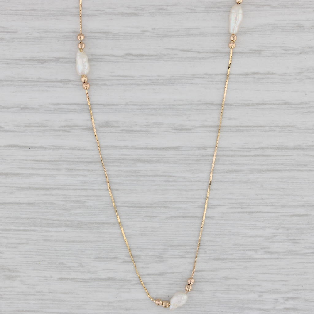 Gray Cultured Keshi Pearl Bead Station Necklace 14k Yellow Gold 18"