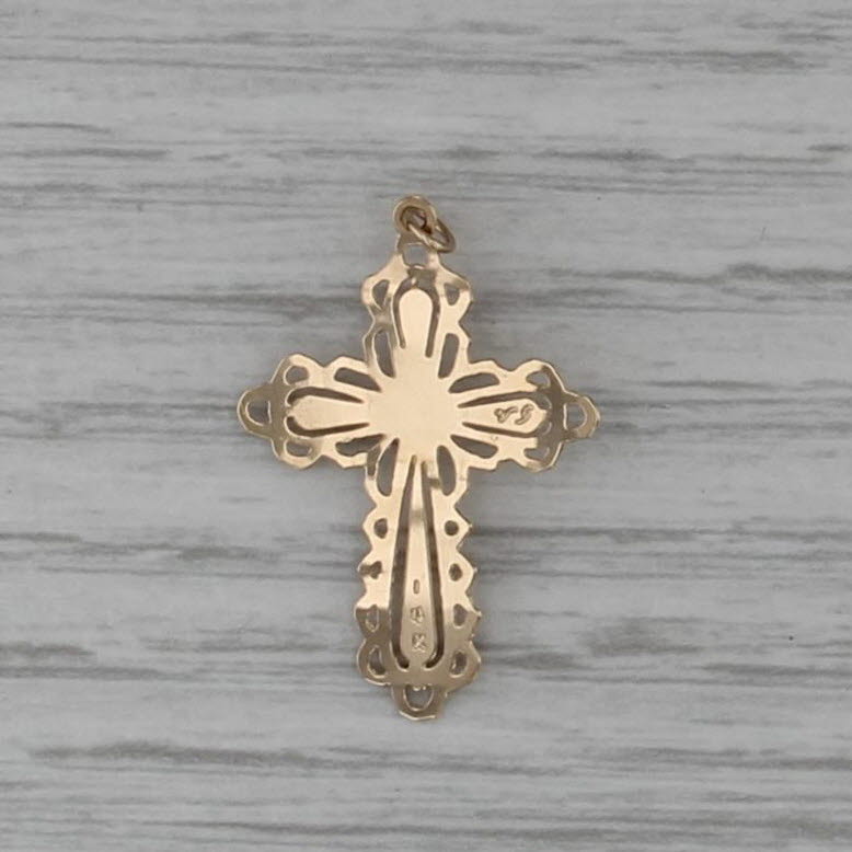 Sapphire Ornate Cross Pendant 14k Yellow Gold Thin Lightweight