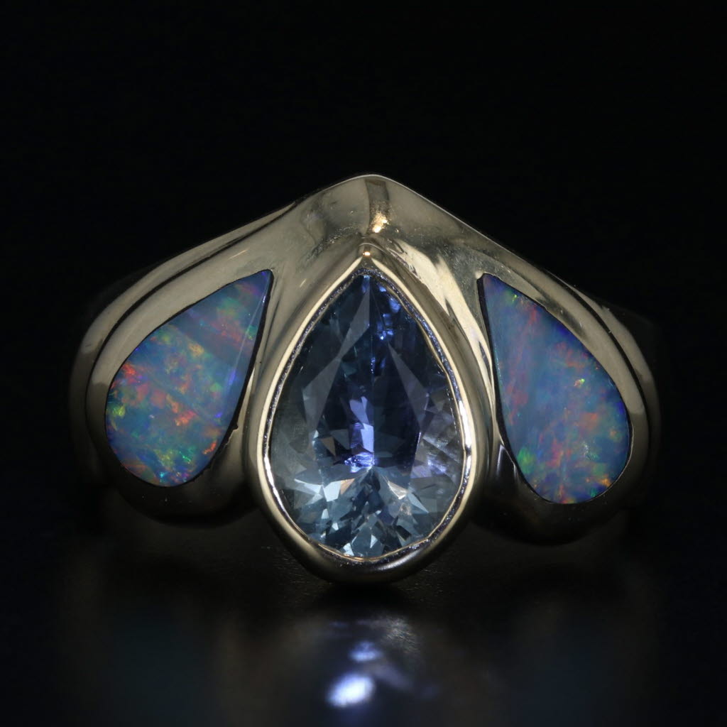 Black Pear Aquamarine Opal Ring 14k Yellow Gold Size 6.75