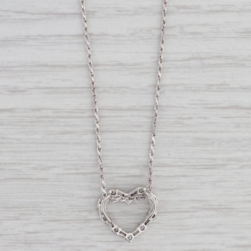 Light Gray 0.60ctw Diamond Open Heart Pendant Necklace 14k White Gold 18" Rope Chain