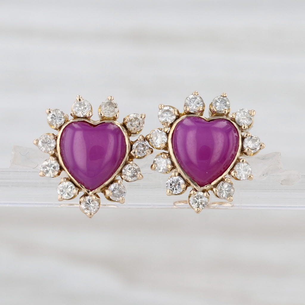 Lab Created Star Ruby Heart Cabochon Diamond Halo Stud Earrings 13k Yellow Gold