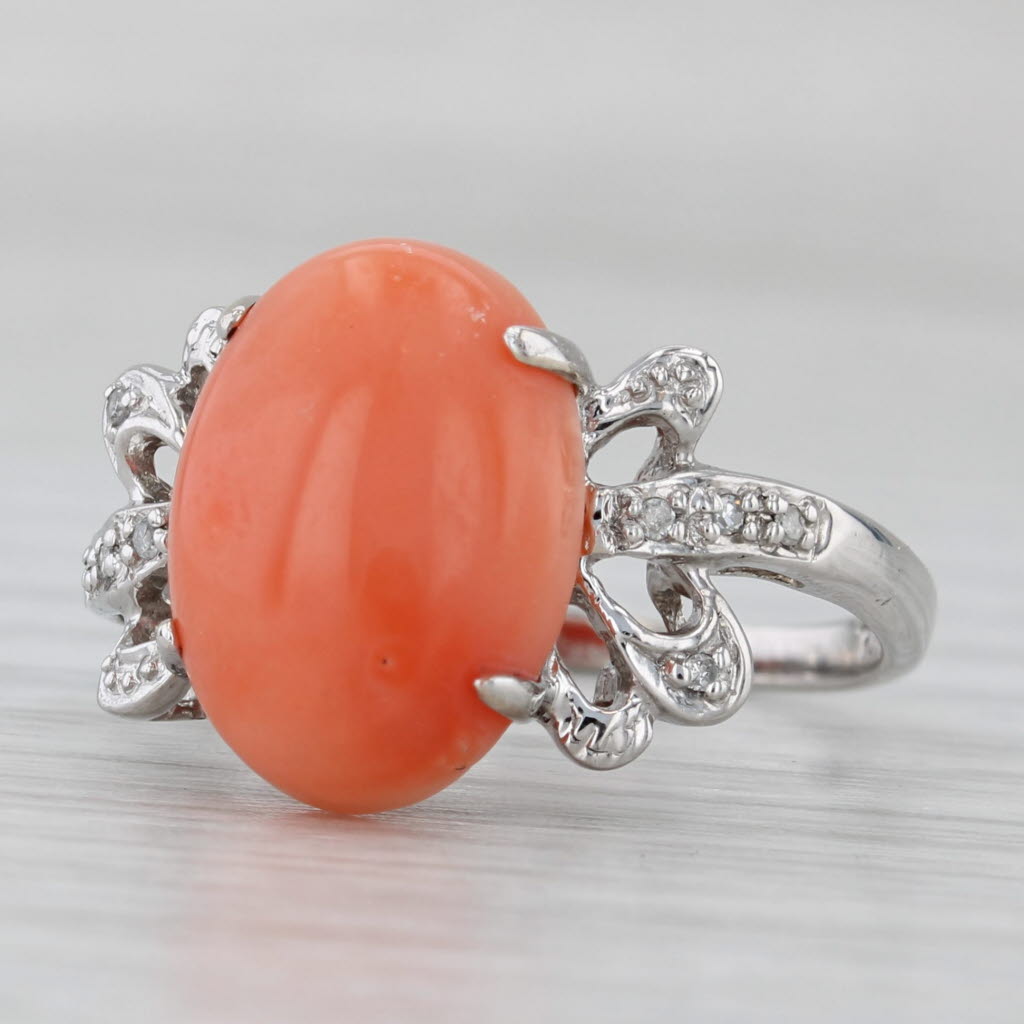 Gray Coral Oval Cabochon Diamond Ring 14k White Gold Size 7