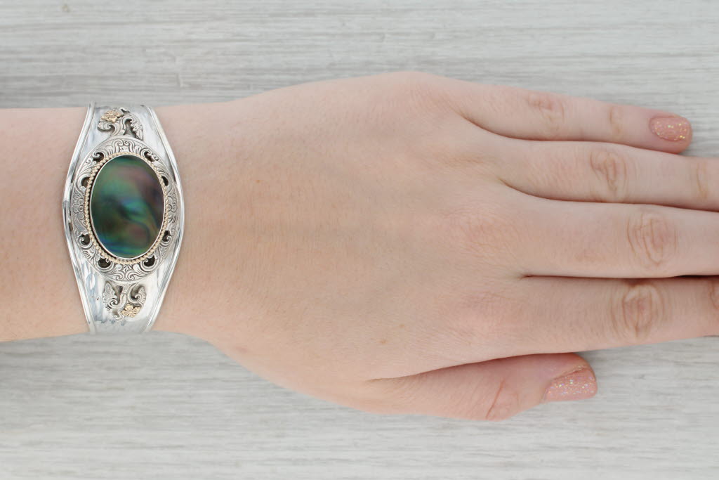 Gray Ornate Floral Abalone Shell Cuff Bracelet Sterling Silver 14k Gold Statement