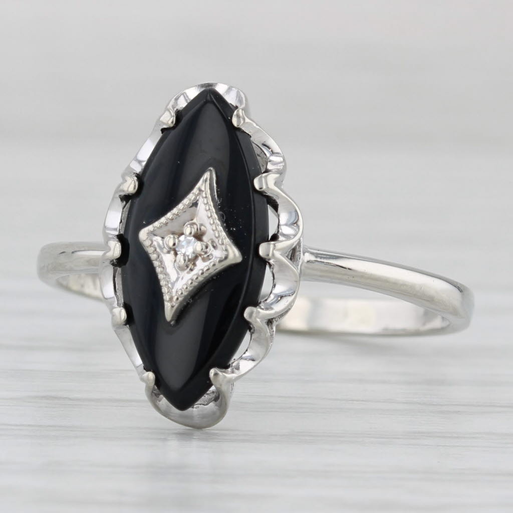 Light Gray Navette Onyx Diamond Signet Ring 10k White Gold Size 8.75