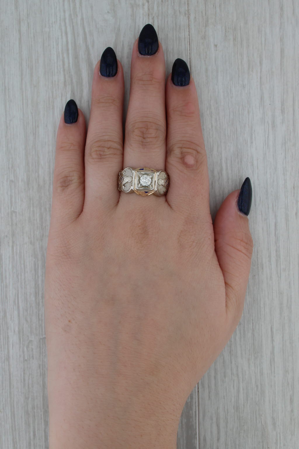 Vintage 0.50ct Diamond Masonic Ring 14k Gold Sz 9.25 Square Compass Blue Lodge