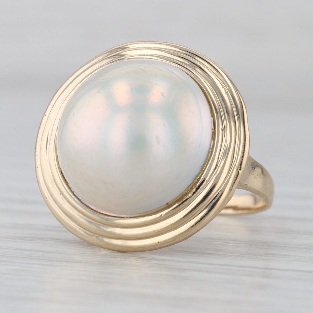 14.7mm Round Mabe Pearl Solitaire Cabochon Ring 14k Yellow Gold Size 7