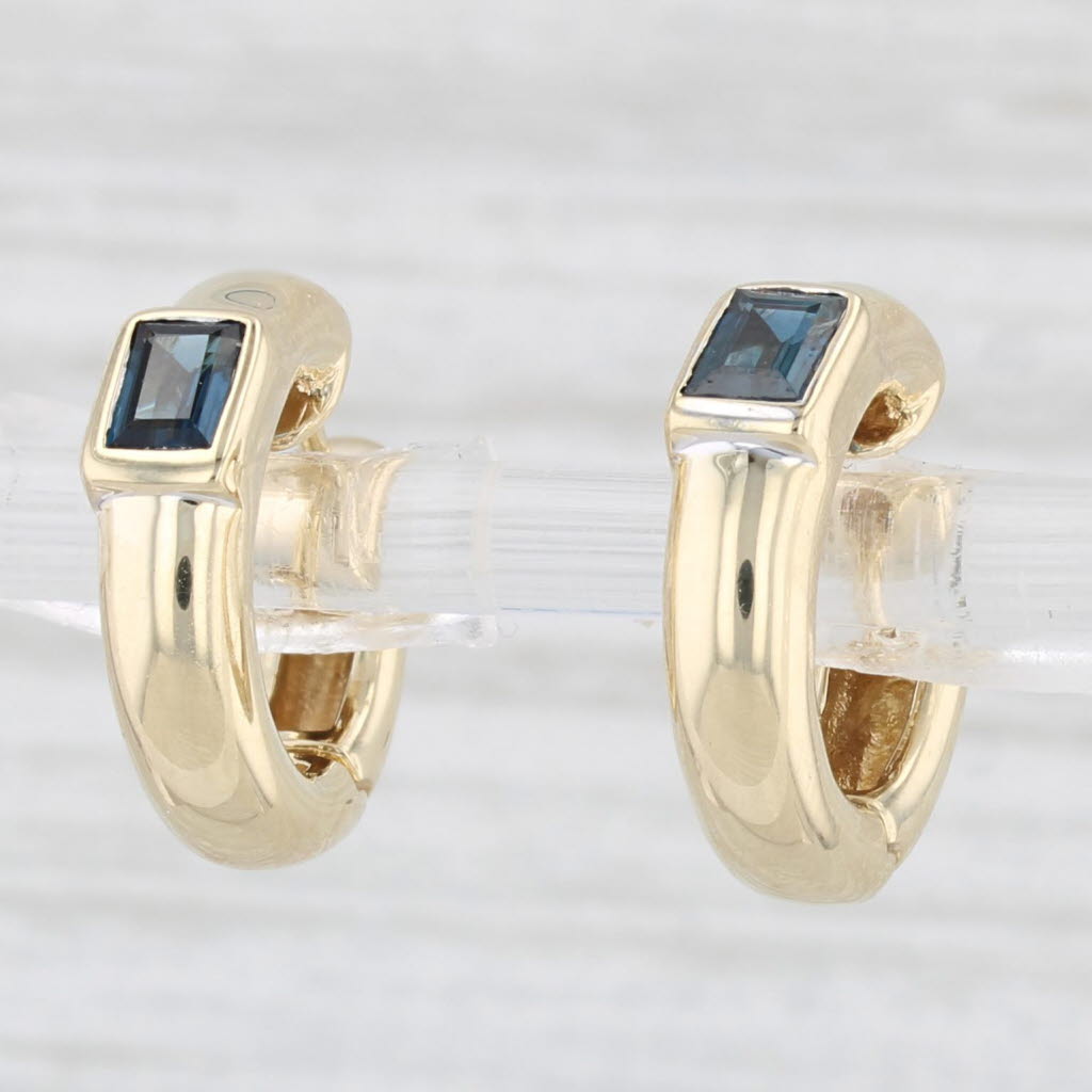 Light Gray 0.40ctw Bue Sapphire Hoop Huggie Earrings 14k Yellow Gold Round Hoops