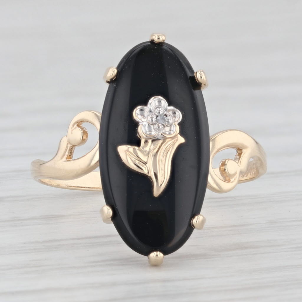 Light Gray Vintage Onyx Flower Signet Ring 10k Yellow Gold Size 5.5 Bypass PS Co