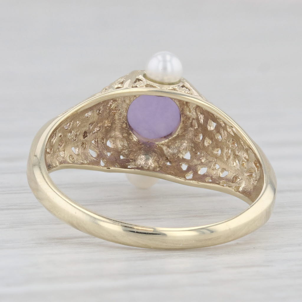 Light Gray Amethyst Cabochon Cultured Pearls Ring 14k Yellow Gold Filigree Size 9