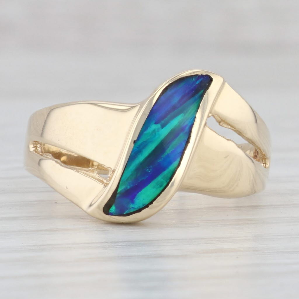 Light Gray Lab Created Blue Opal Ring 14k Yellow Gold Size 8.75 Bypass