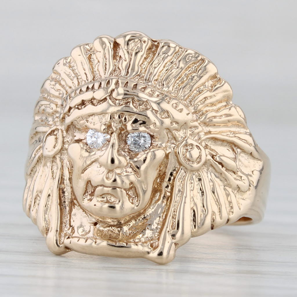 Light Gray Vintage Native American Indian Head Bust Ring Diamond 14k Yellow Gold Size 7.5