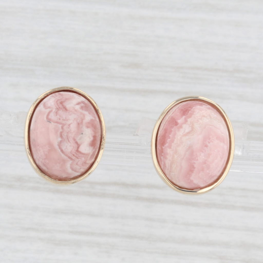 Light Gray Marbled Red Rhodocrosite Oval Cabochon Stud Earrings 14k Yellow Gold