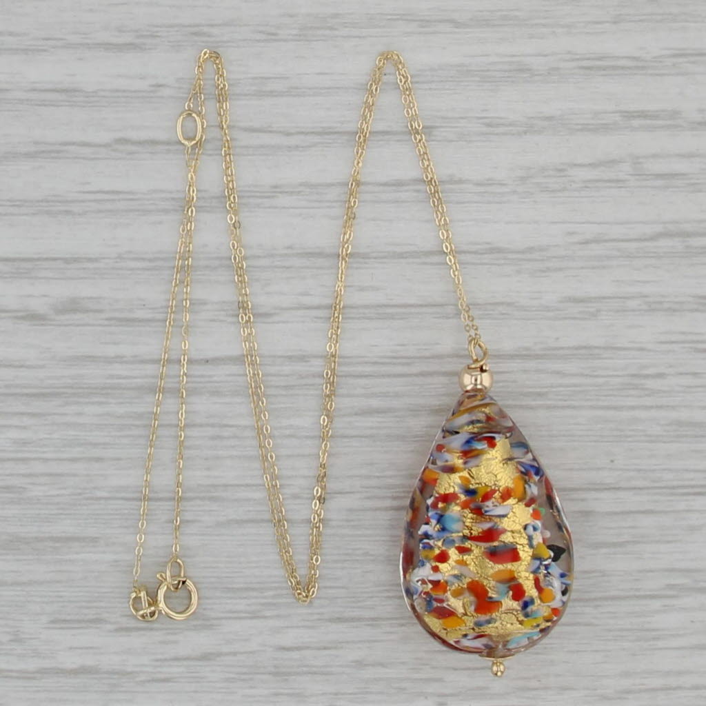 New Colorful Glass Mosaic Teardrop Pendant Necklace 14k Yellow Gold 16"-18"
