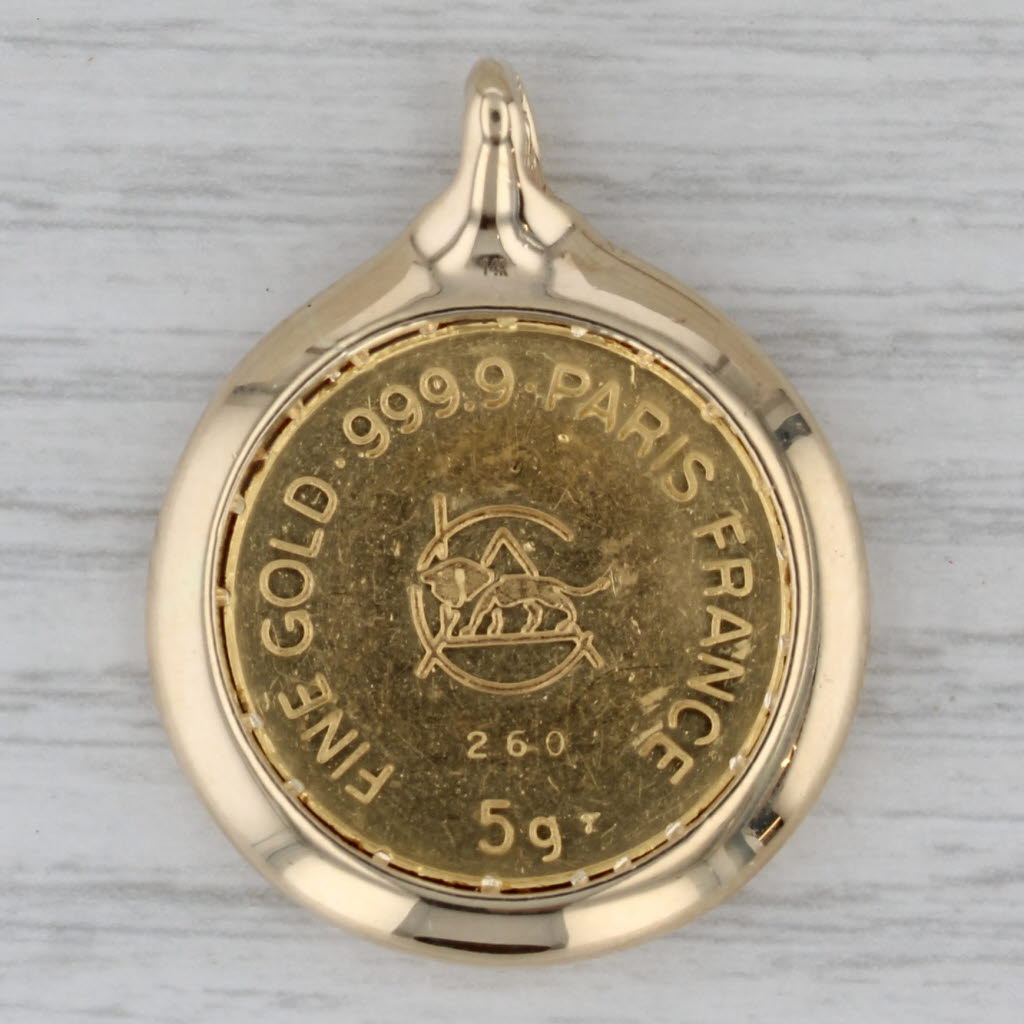 Gray Paris France 24k Fine Gold Coin Pendant 14k Bezel 999 Yellow Gold 5 Grams