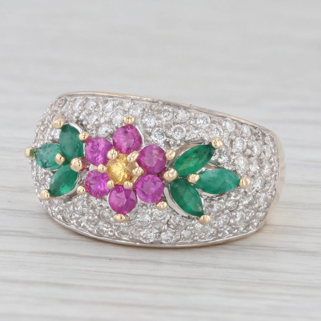 Light Gray 1.56ctw Gemstone Flower Ring 14k Gold Diamond Ruby Emerald Sapphire Size 6