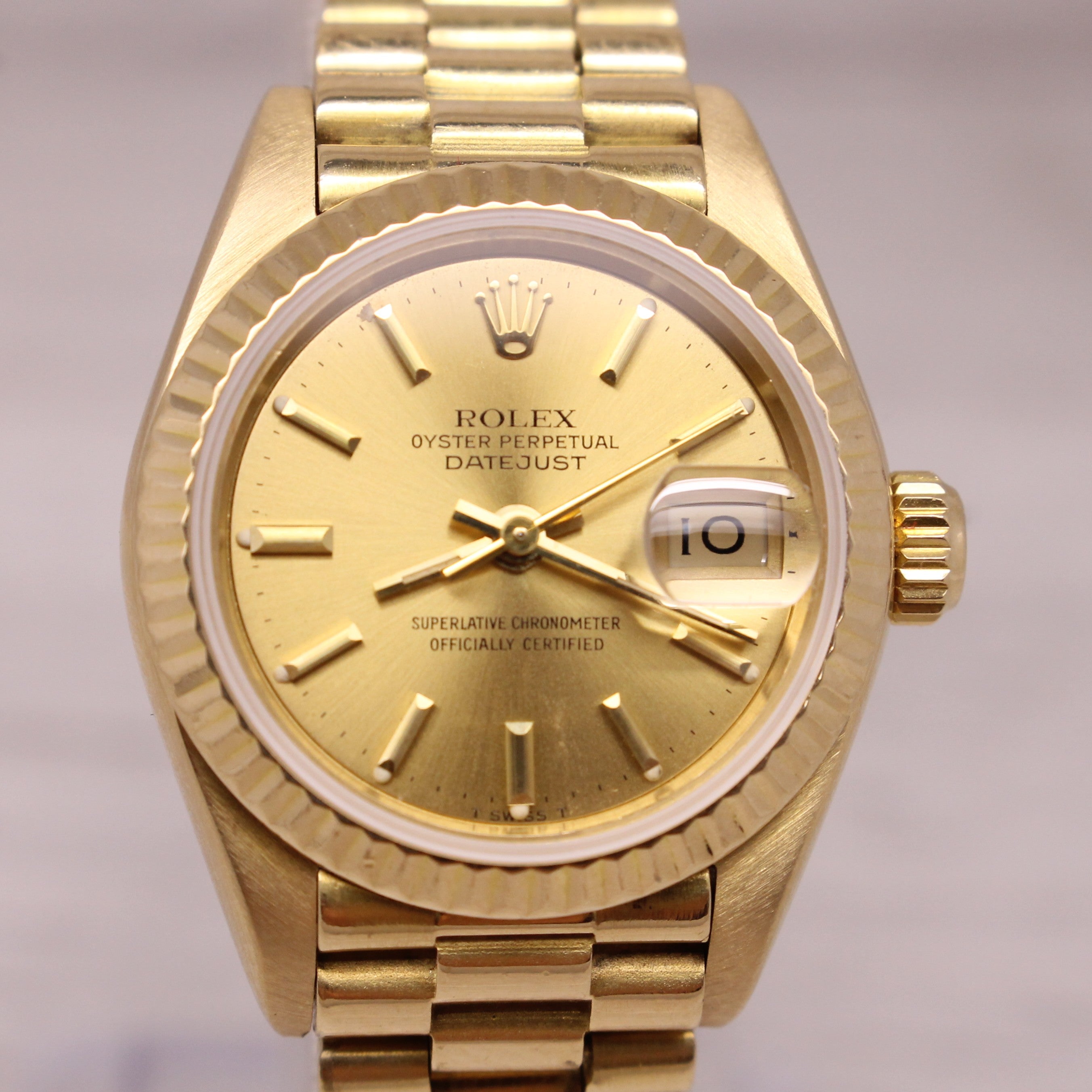 Vintage 1985 Rolex Datejust 69178 Ladies President 18k Gold Watch w Box Papers
