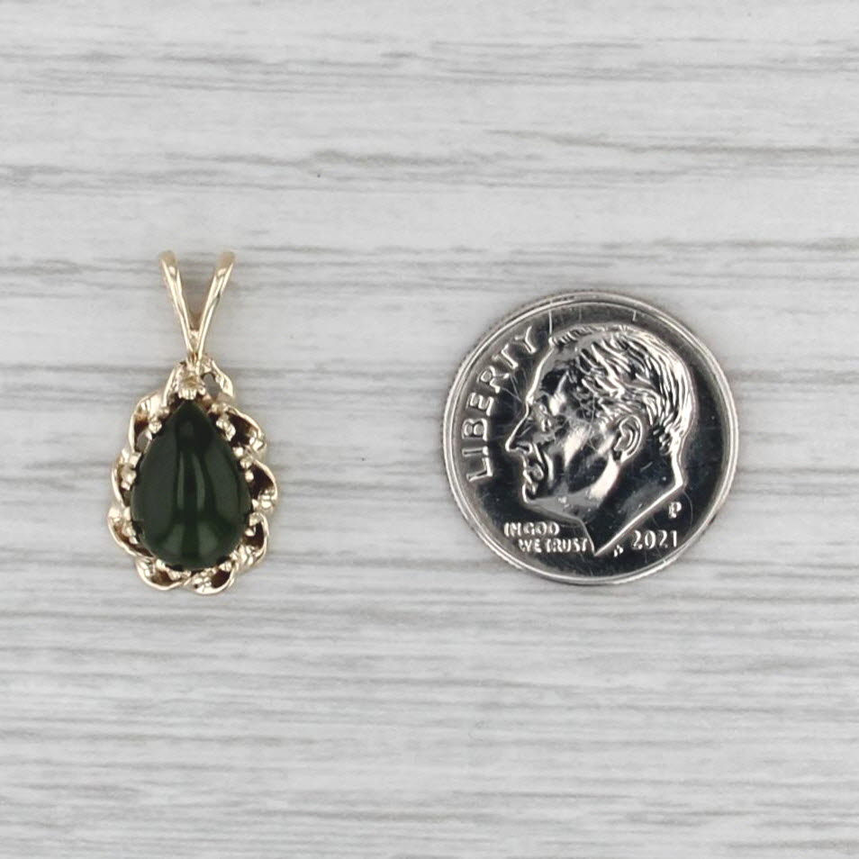 Vintage Green Nephrite Jade Teardrop Pendant 10k Yellow Gold Pear Cabochon