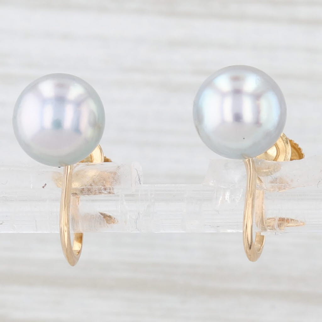 Light Gray 7.5mm Gray Cultured Pearl Stud Earrings 18k Yellow Gold Non Pierced Screw Backs
