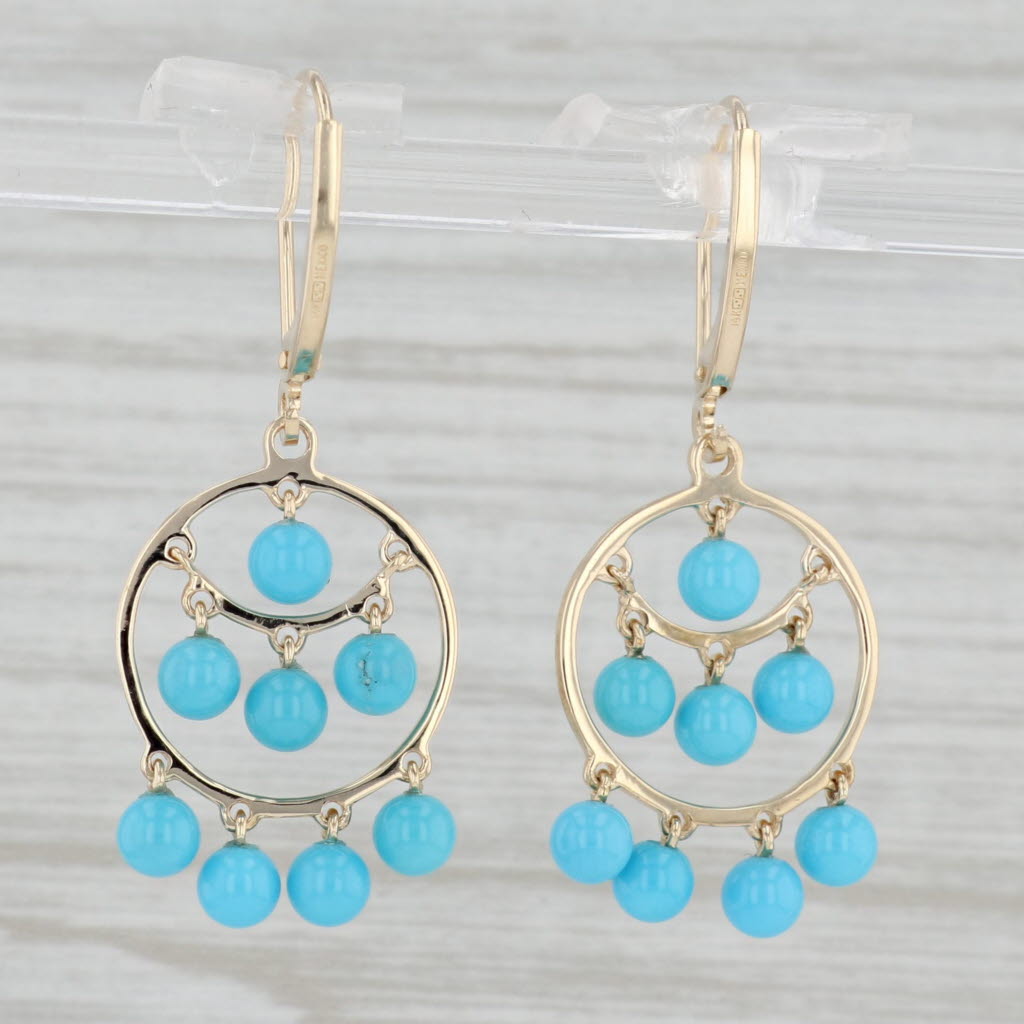 Light Gray Lab Created turquoise Bead Circle Dangle Earrings 14k Yellow Gold Lever Backs