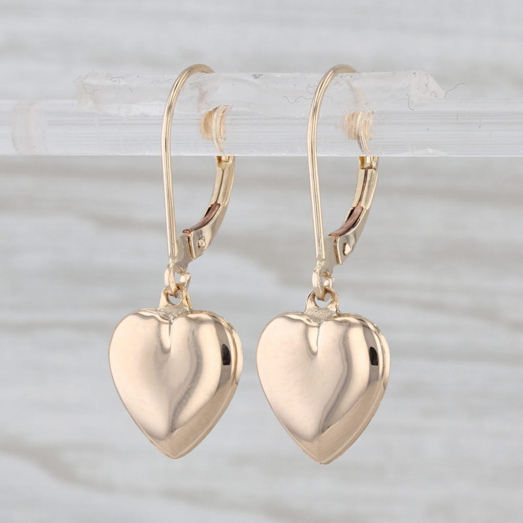Heart Dangle Earrings 14k Yellow Gold Leverback Drops